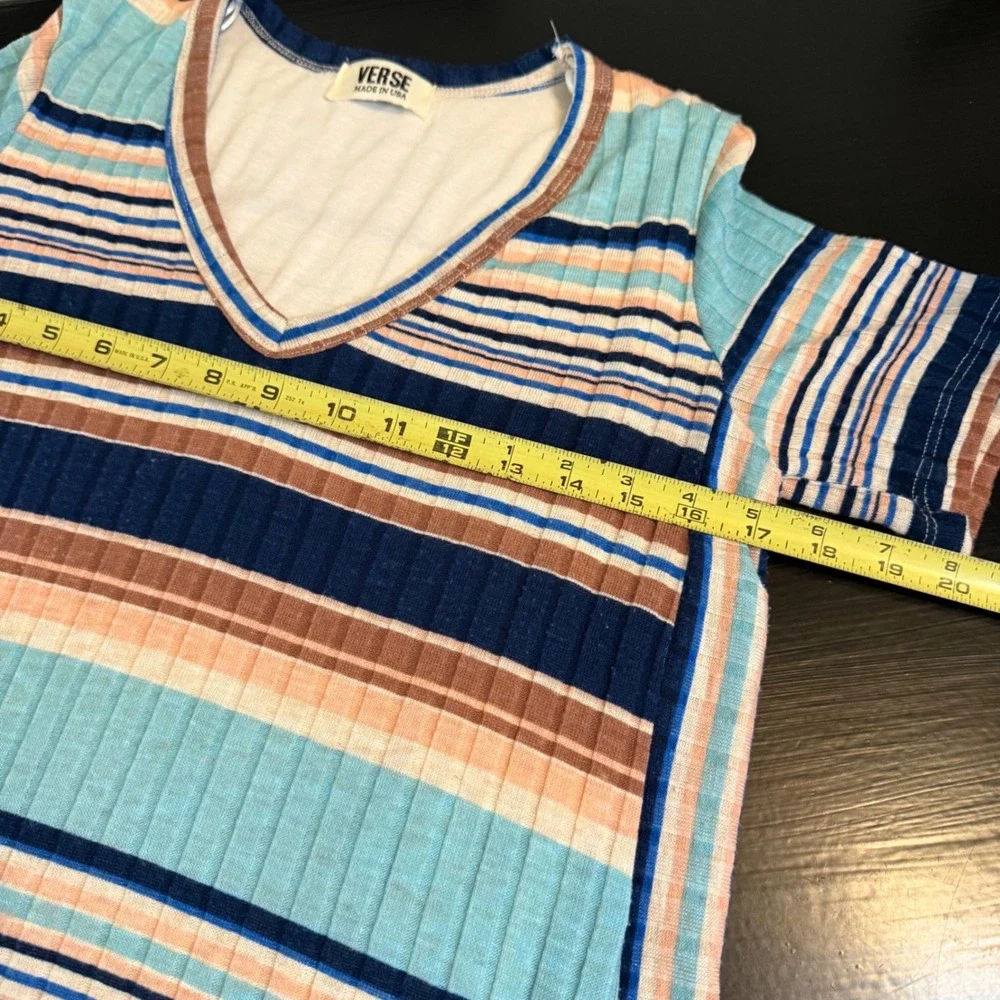 Verse Womens Striped Ribbed Knit V-Neck T-Shirt Dress Blue Tan Size M 2459DR‎